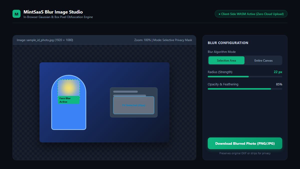 MintSaaS Blur Image Studio web interface with selective privacy mask, face blur, and strength slider