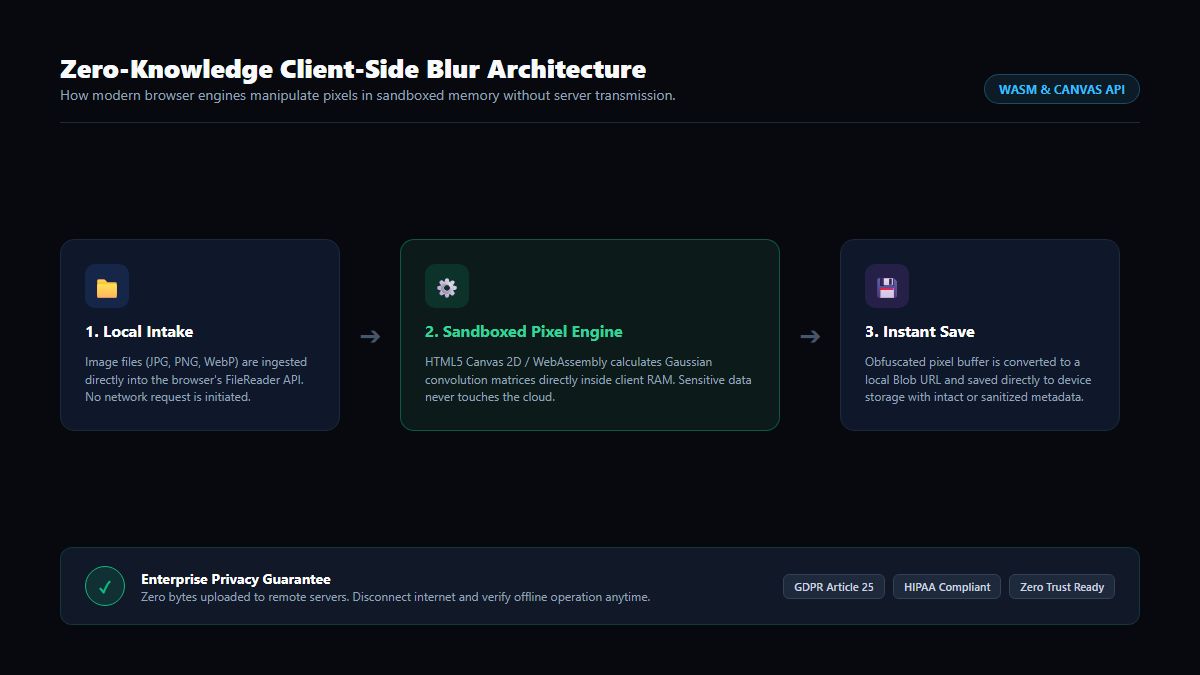 Zero-knowledge client-side image blurring architecture diagram via WebAssembly and Canvas API
