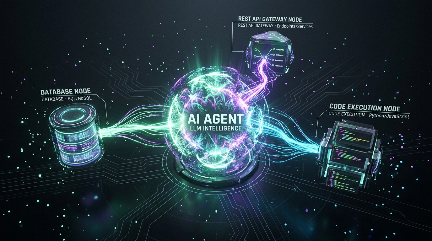 What is n8n AI agent automation - Holographic neural core orchestrating tools and autonomous workflows