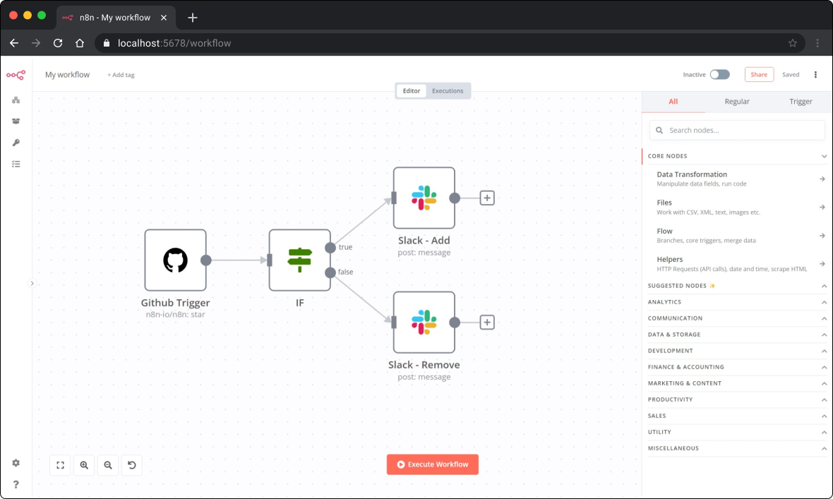 Real n8n workflow canvas dashboard showing connected trigger, function code, and communication nodes