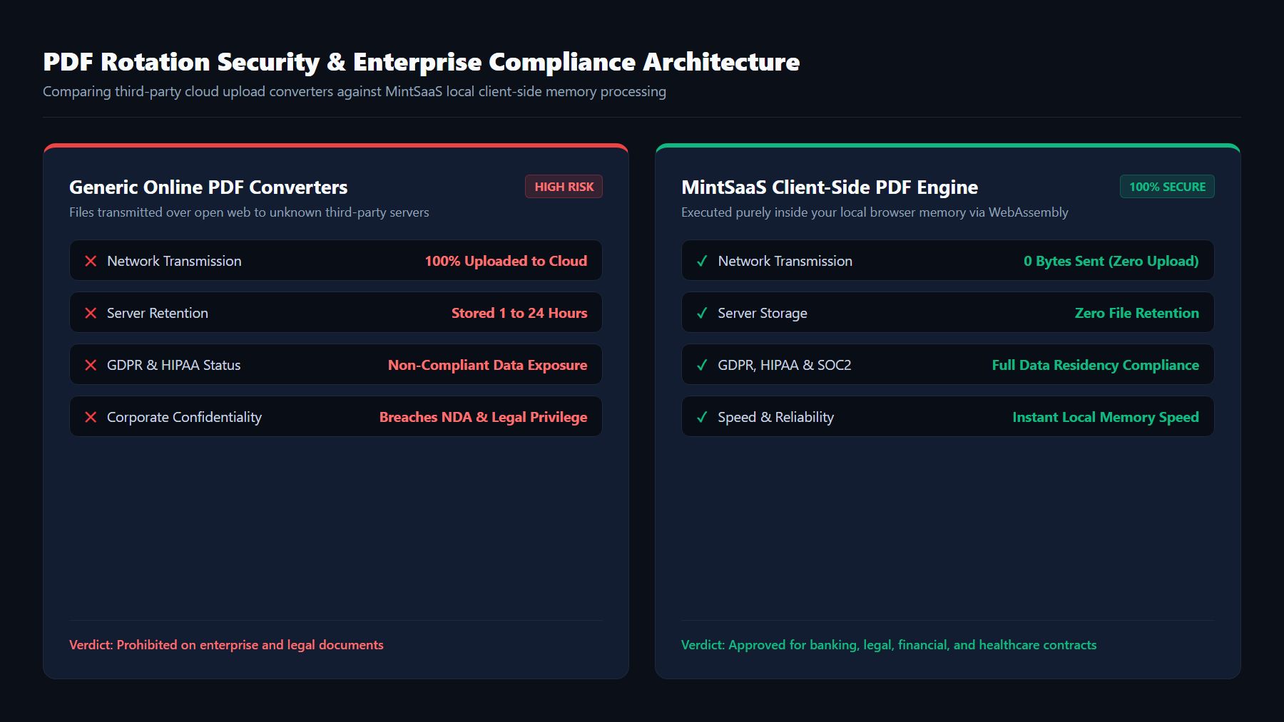 Security and enterprise compliance comparison between generic cloud converters and MintSaaS client-side architecture